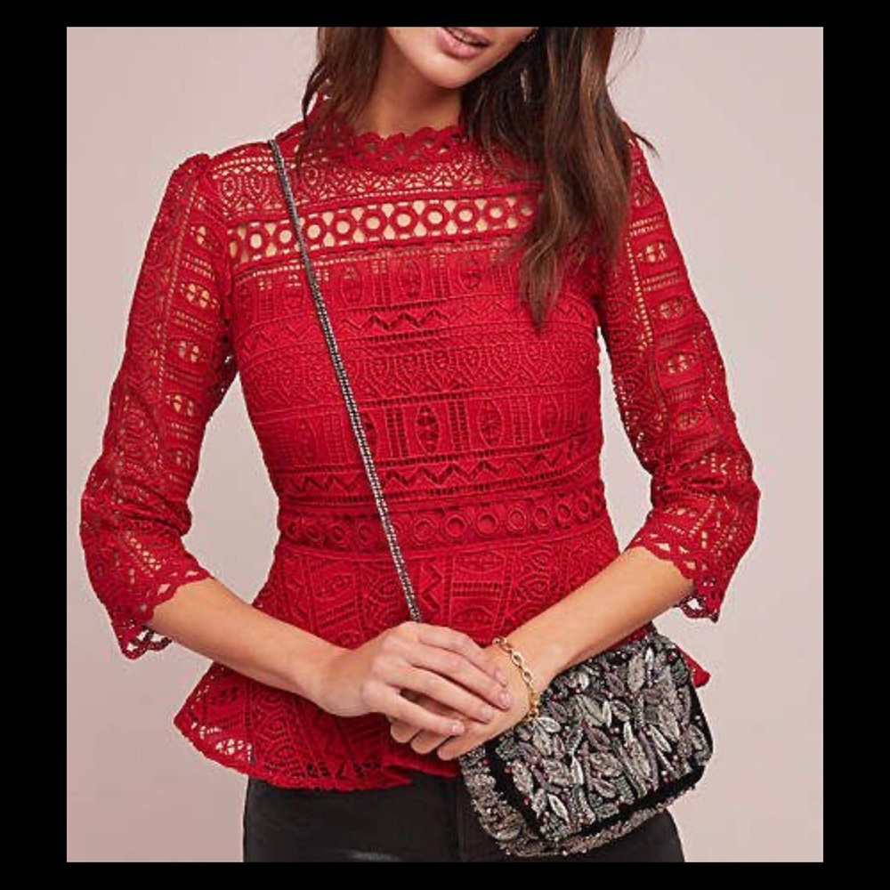 Moulinette Soeurs Red Lace Peplum Blouse